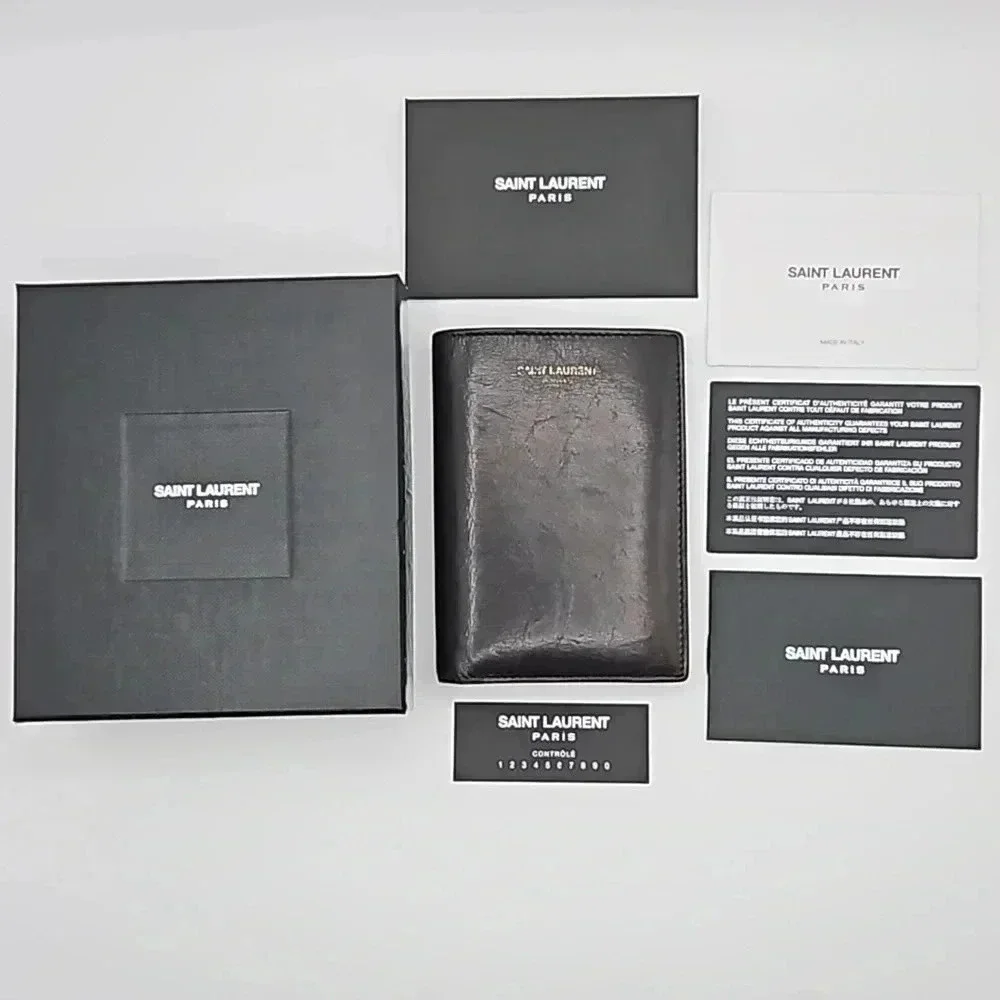 Saint Laurent Paris Credit Card Wallet Black Embossed Leather